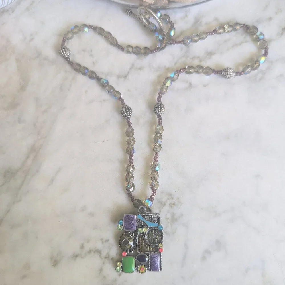Micro Mosaic Y2K Enamel‎ Steampunk Glass Beaded Necklace Boho Wearable Art Metal